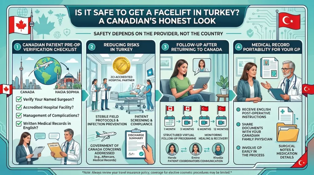 Is It Safe to Get a Facelift in Turkey? Safety checklist for Canadian patients covering surgeon verification, hospital standards, follow-up, and medical records.