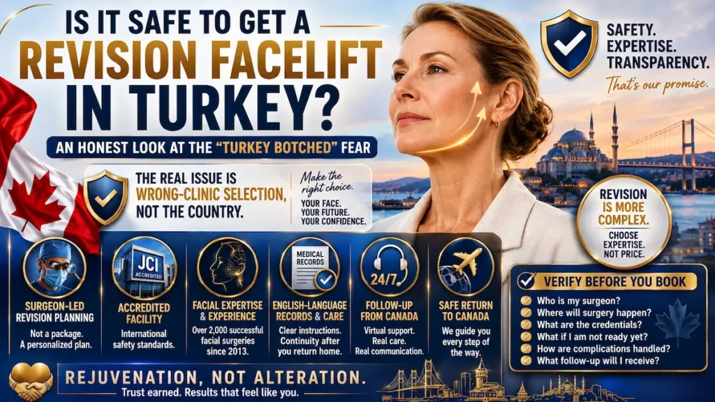 Revision facelift in Turkey safety image for Canadian patients showing surgeon-led planning and verification.