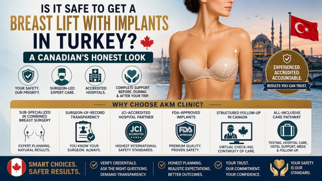 Is It Safe to Get a Breast Lift with Implants in Turkey image showing Canadian patient safety, accredited hospitals, and follow-up care.