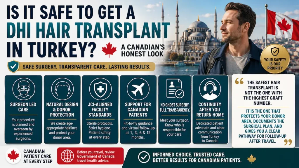 DHI hair transplant in Turkey safety infographic showing surgeon-led care, donor protection, JCI-aligned standards, and Canadian follow-up.