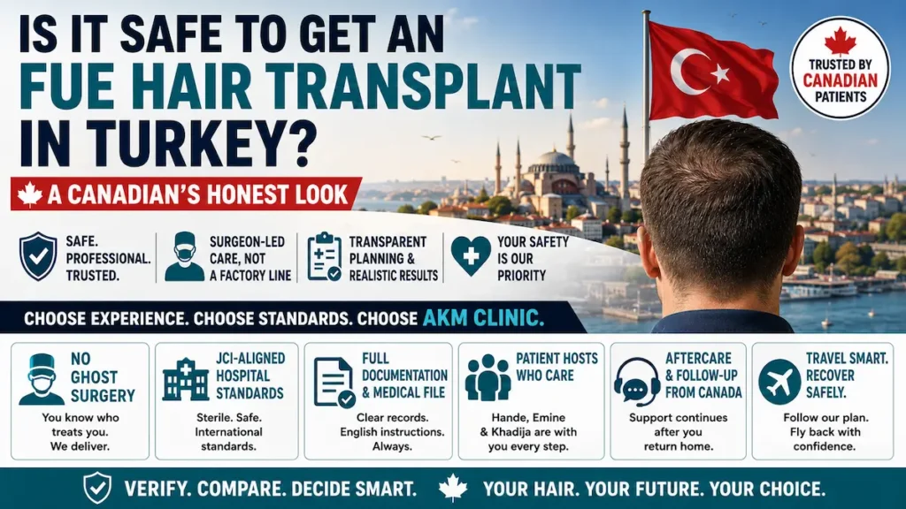 FUE hair transplant in Turkey safety infographic showing surgeon-led care, no ghost surgery, hospital standards and Canadian aftercare.