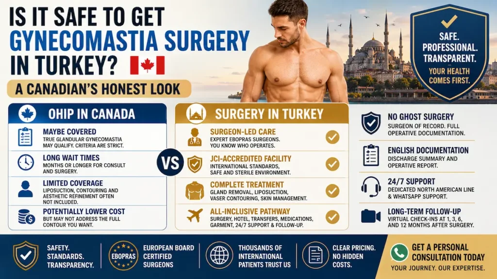 Is it safe to get gynecomastia surgery in Turkey infographic comparing OHIP coverage, surgeon-led care, JCI facility standards, and follow-up for Canadian patients