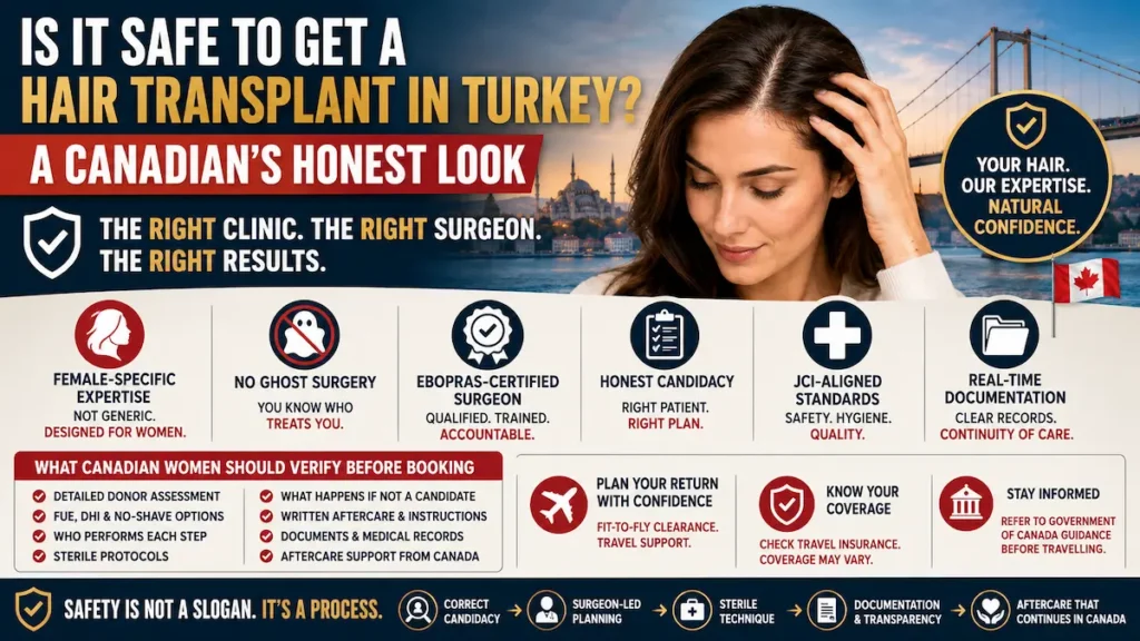 Is it safe to get a hair transplant in Turkey infographic for Canadian women showing surgeon verification, no ghost surgery, JCI-aligned standards, documentation, and aftercare.