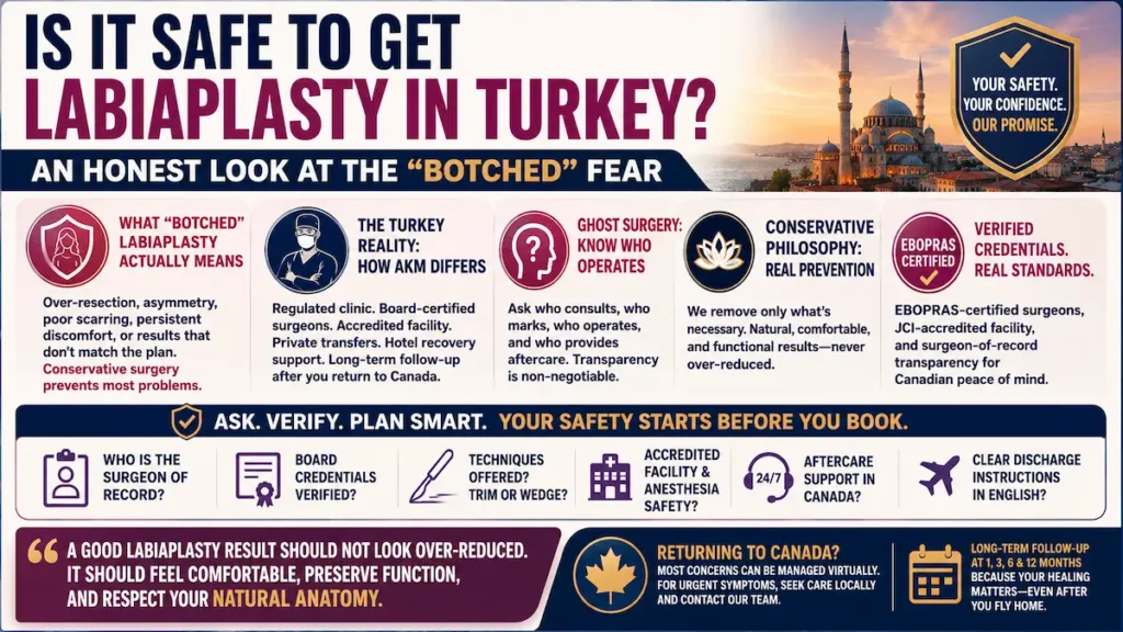 Labiaplasty in Turkey safety infographic explaining botched surgery risks, credential checks, ghost surgery prevention, and aftercare for Canadian patients.