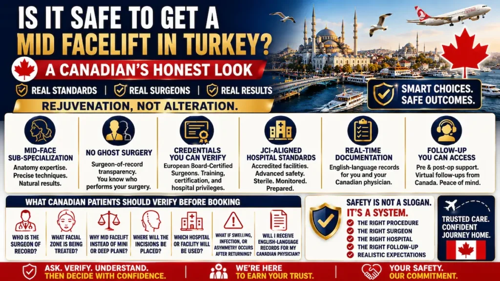 Is it safe to get a Mid Facelift in Turkey diagram showing Canadian patient safety checks, credentials, standards and follow-up.