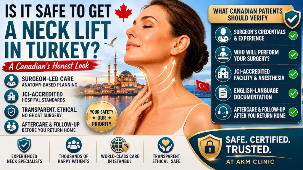 Is it safe to get a neck lift in Turkey infographic for Canadian patients showing surgeon credentials, JCI-accredited care and aftercare.