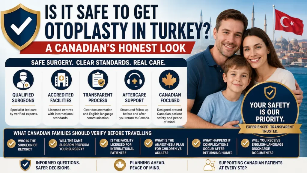 Otoplasty in Turkey safety infographic for Canadian families comparing surgeons, facilities and aftercare
