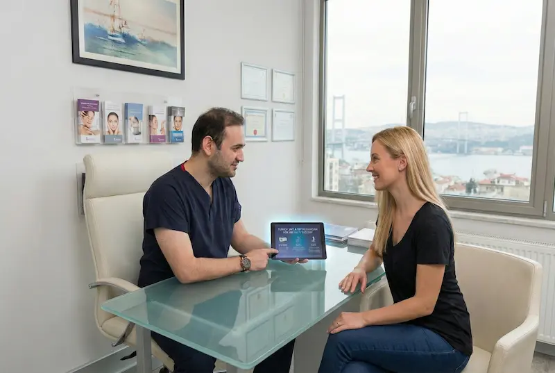 Is it safe to get plastic surgery in Turkey? Surgeon consultation with a female patient in a modern Istanbul clinic office, discussing a treatment plan on a tablet.