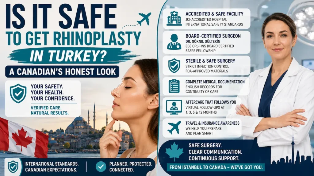 Is it safe to get rhinoplasty in Turkey for Canadian patients? AKM Clinic explains accredited care, sterile surgery, surgeon credentials, documentation, aftercare, and travel planning.
