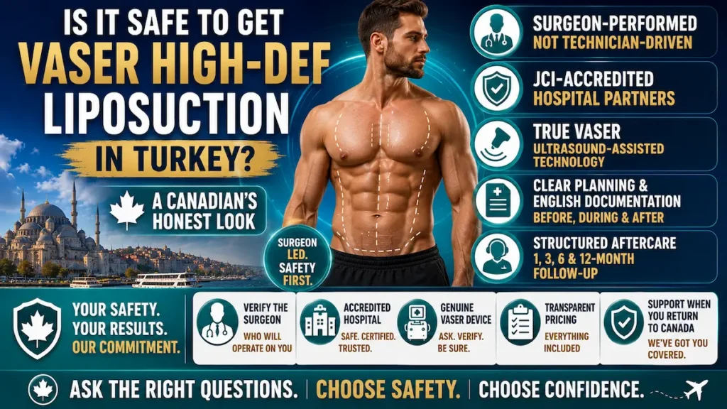 Is It Safe to Get VASER High-Def Liposuction in Turkey guide showing surgeon-performed care, JCI-accredited hospitals, true VASER technology, and aftercare.