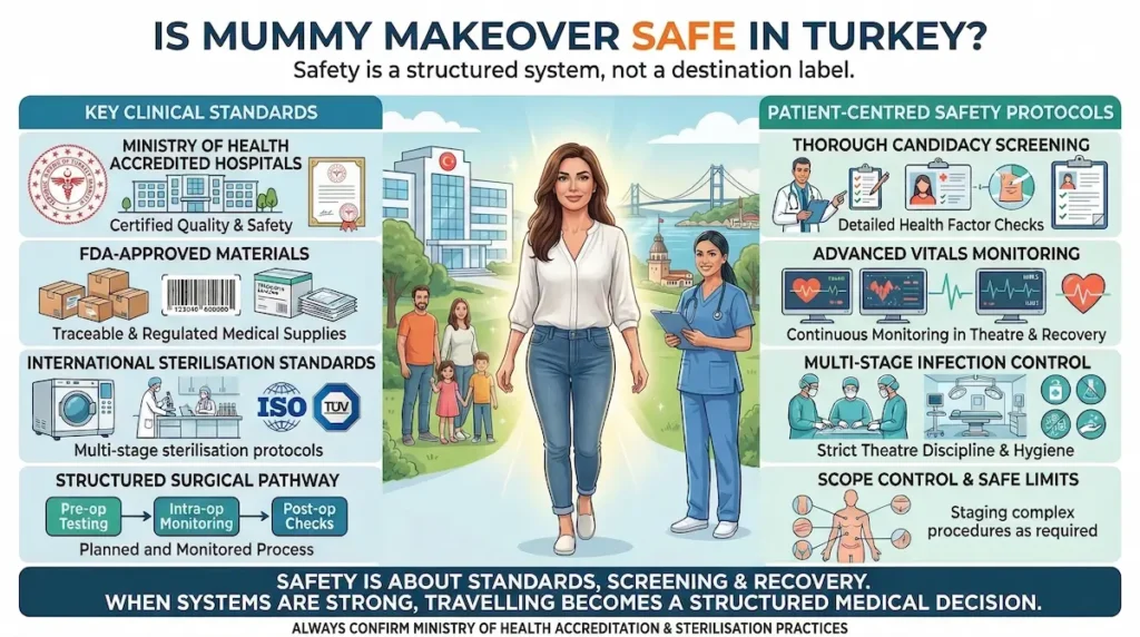 Is Mummy Makeover safe in Turkey infographic showing hospital standards, candidacy screening, vitals monitoring, sterilisation, and infection control.