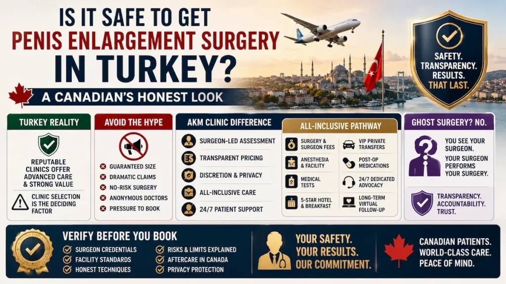 Penis enlargement surgery in Turkey safety infographic showing clinic selection, surgeon transparency, and Canadian patient checks.