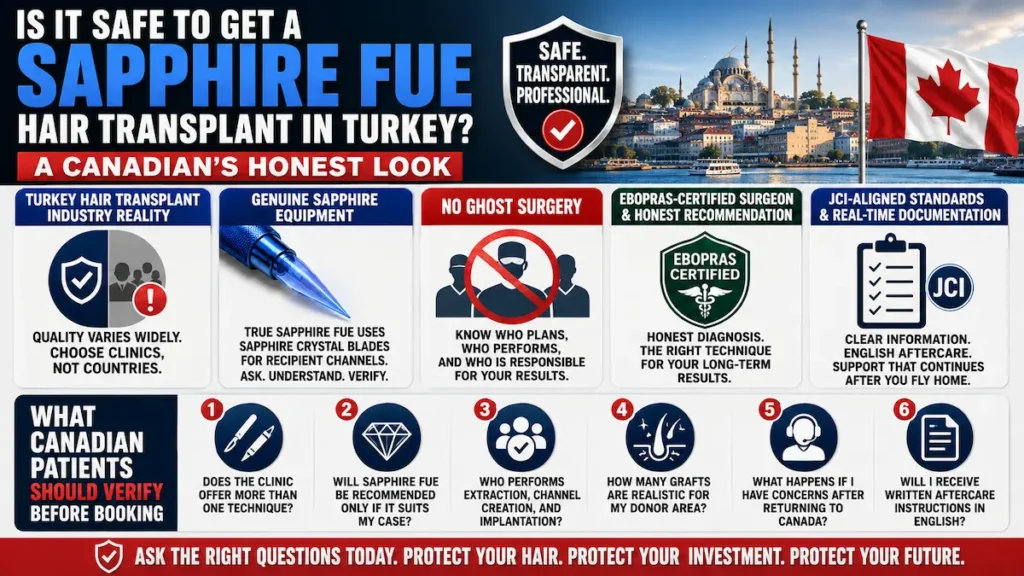 Sapphire FUE hair transplant in Turkey safety infographic for Canadian patients reviewing clinic quality, sapphire equipment, surgeon oversight, and aftercare.