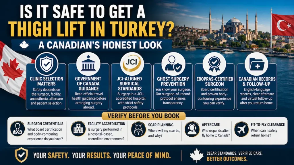Thigh lift in Turkey safety infographic for Canadian patients showing clinic selection, JCI standards, surgeon verification and follow-up.
