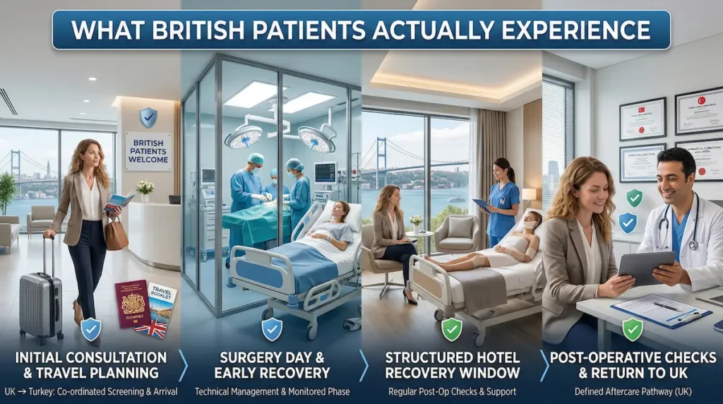 Turkish plastic surgery myths patient journey graphic showing consultation, surgery day, hotel recovery, and post-operative checks before returning to the UK.