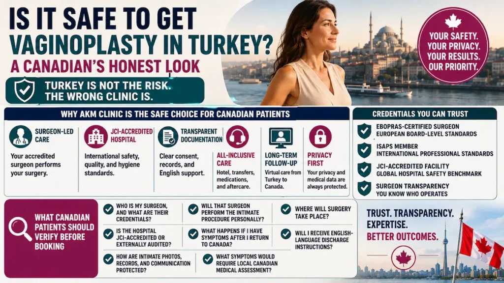 Vaginoplasty in Turkey safety infographic for Canadian patients showing surgeon-led care, JCI-accredited hospital standards, privacy, and follow-up.