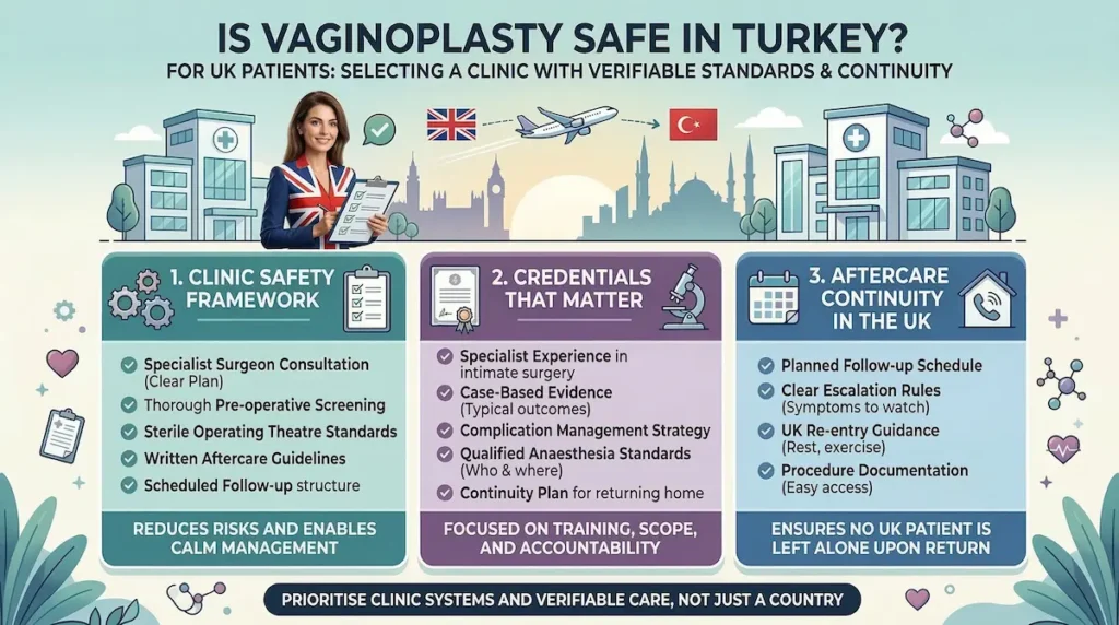 Is vaginoplasty safe in Turkey infographic for UK patients, highlighting clinic standards, credentials, and aftercare continuity.