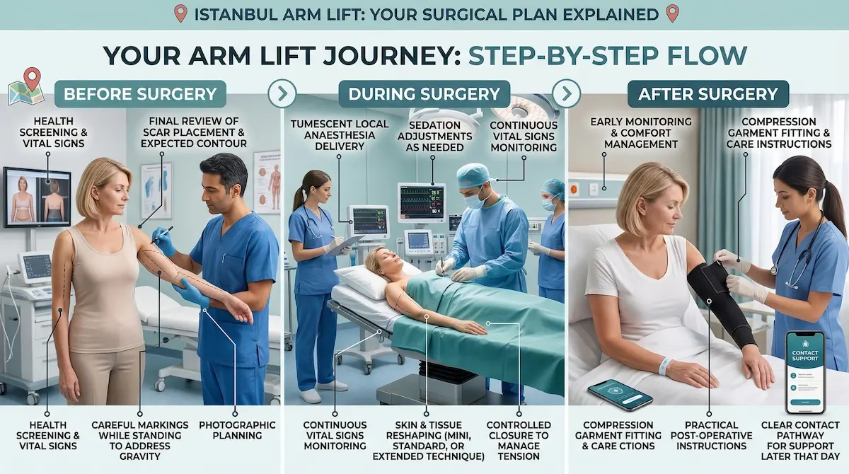 Step-by-step infographic of an Istanbul arm lift journey showing before, during and after surgery: screening, markings, tumescent local anaesthesia, monitoring, and compression garment fitting.