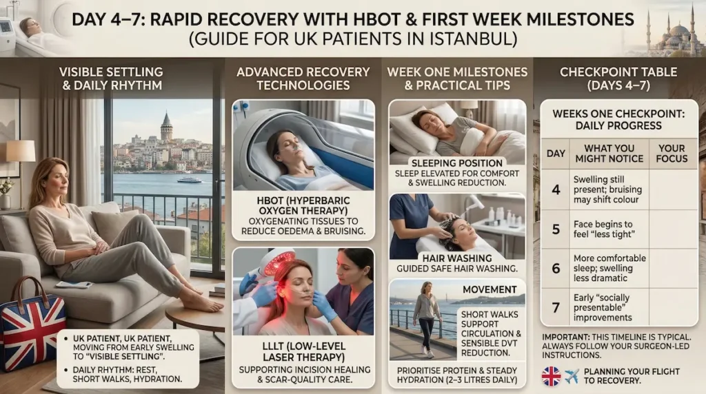 Deep Plane Facelift Journey Days 4 to 7 infographic showing HBOT and LLLT, visible settling, sleep elevation, short walks, and hydration 2–3 litres.