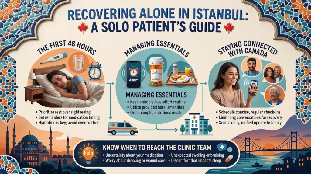 Infographic for Canadian patients travelling solo for surgery, showing how to recover alone in Istanbul with rest, medication reminders, simple meals, clinic contact guidance, and family check-ins.