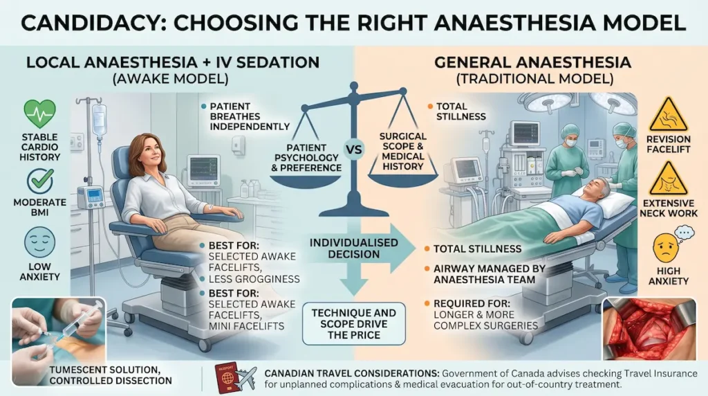 Local vs general anesthesia facelift candidacy infographic comparing IV sedation and general anesthesia for Canadians.