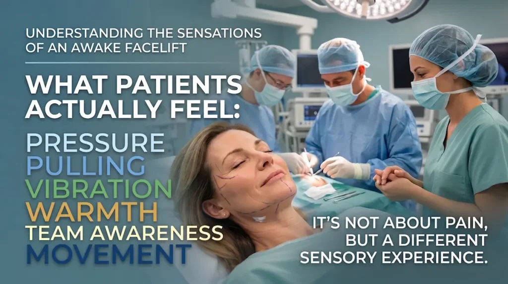 Is an awake facelift painful? Patient during surgery showing pressure, pulling, vibration, warmth, awareness, and movement sensations.