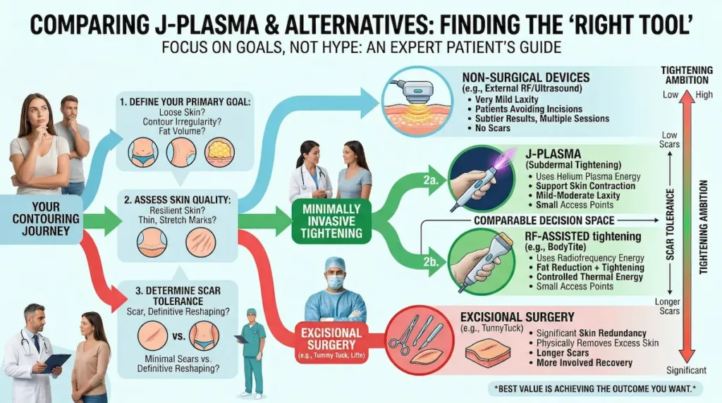 J Plasma alternative procedures infographic comparing J Plasma, BodyTite, non surgical skin tightening, and excisional surgery