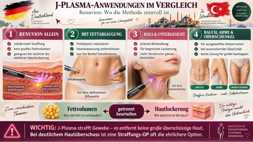 J-Plasma-Anwendungen im Vergleich mit Renuvion, Fettabsaugung und subdermaler Hautstraffung an verschiedenen Körperzonen