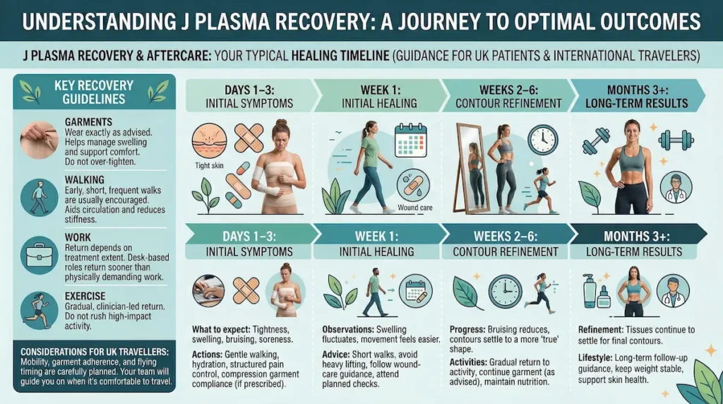 J Plasma Skin Tightening recovery and aftercare infographic showing healing timeline, compression garments, walking, and return to activity.