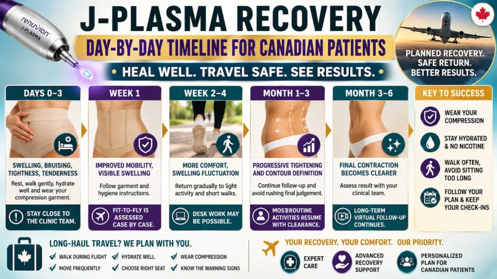 J-Plasma recovery timeline infographic showing swelling, compression, fit-to-fly planning, and results from days 0–3 to months 3–6.