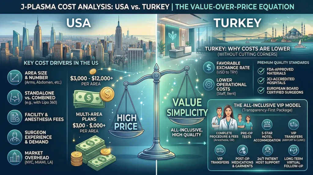 J Plasma Renuvion cost Turkey vs USA infographic comparing price drivers, all inclusive value, and treatment standards