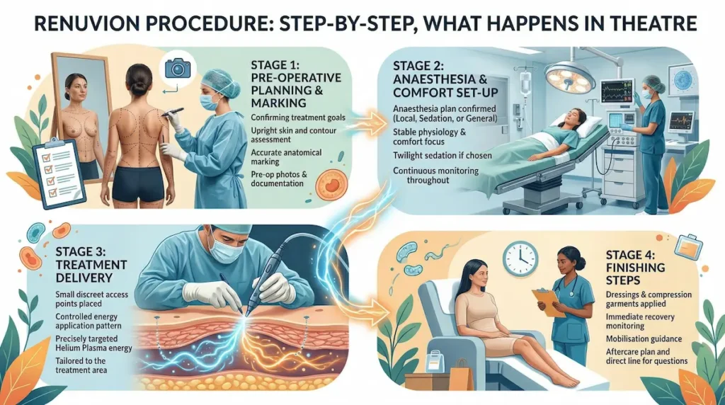 J Plasma Skin Tightening (Renuvion) step-by-step infographic showing pre-op marking, anaesthesia, treatment delivery, and aftercare in theatre.
