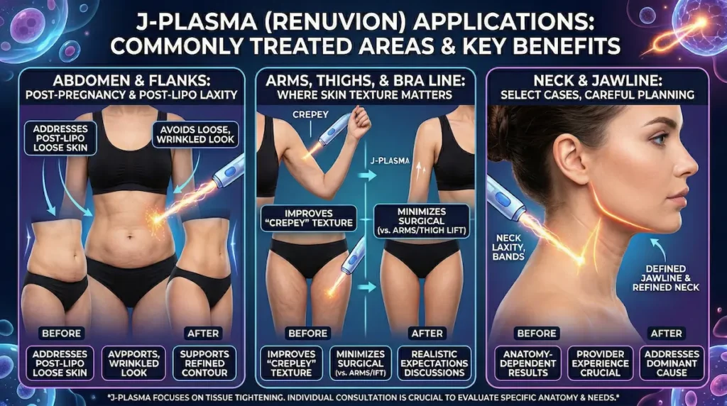 J Plasma Renuvion targeted areas infographic showing abdomen, flanks, arms, thighs, bra line, neck, and jawline treatment zones