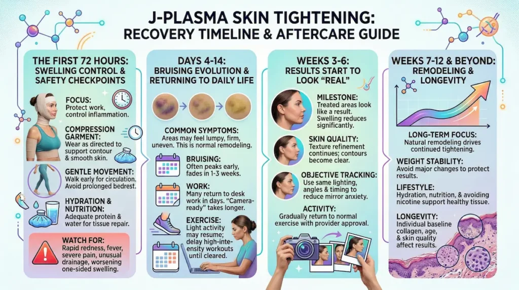 J Plasma skin tightening recovery timeline infographic showing aftercare steps from the first 72 hours to weeks 7 to 12