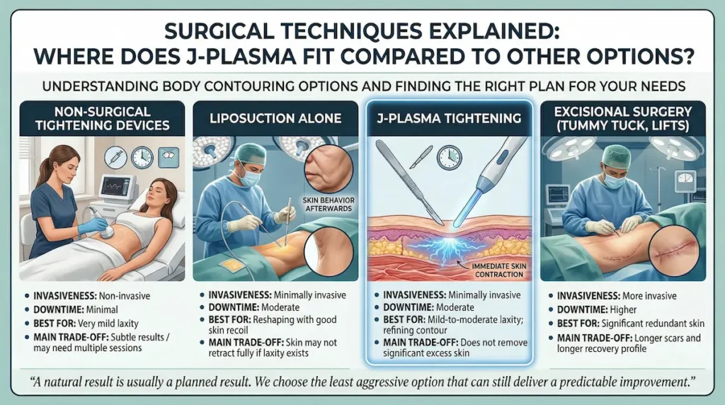 J Plasma Skin Tightening comparison infographic showing where J-Plasma fits versus non-surgical devices, liposuction, and tummy tuck lifts.