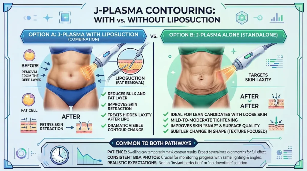 J Plasma Renuvion with liposuction infographic comparing combined contouring with standalone skin tightening