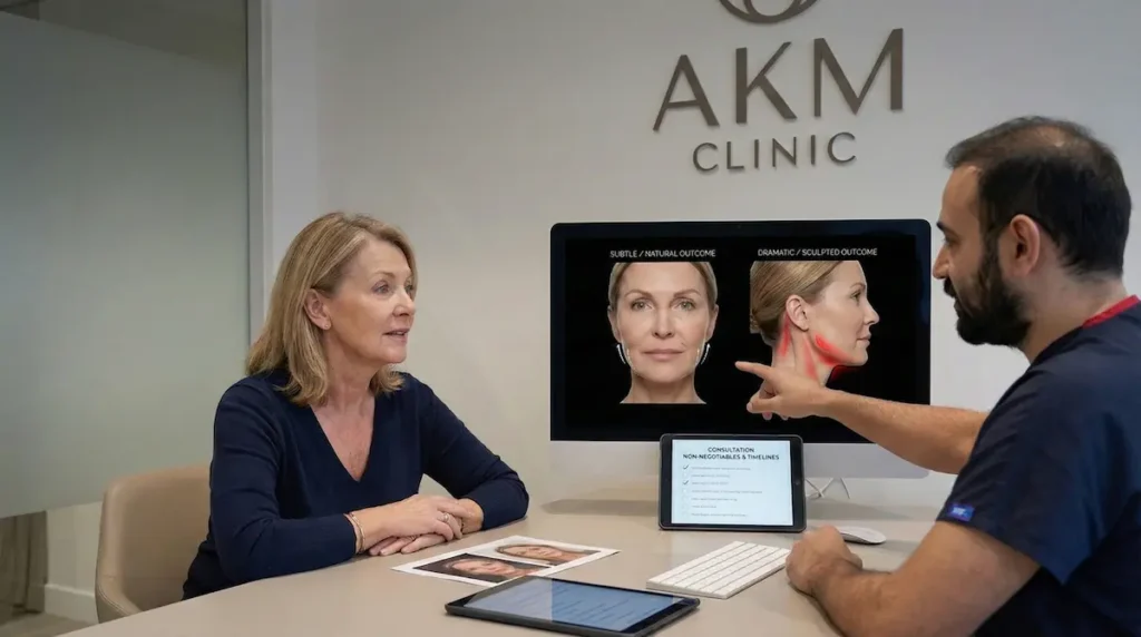 Deep Plane Facelift Before After consultation at AKM Clinic, showing a surgeon discussing natural vs dramatic outcome goals with a UK patient using before-and-after images.