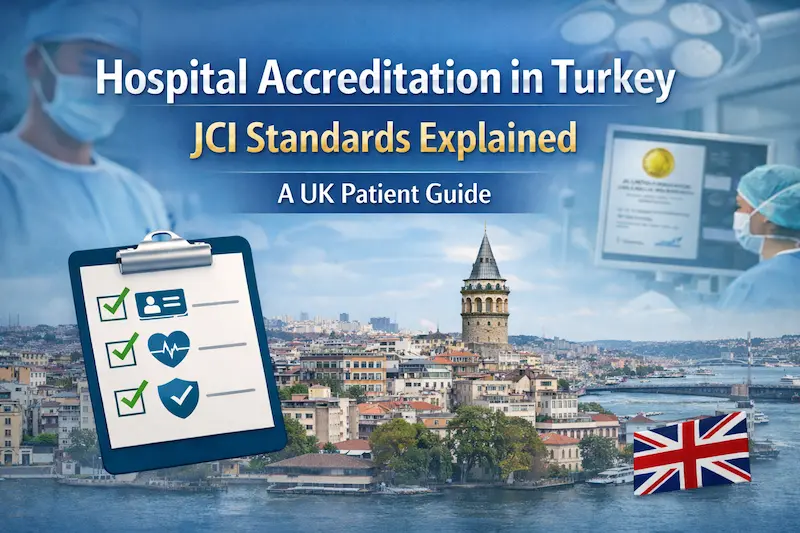 Hospital Accreditation Turkey cover showing Galata Tower, operating theatre, JCI certificate, safety checklist and UK flag.