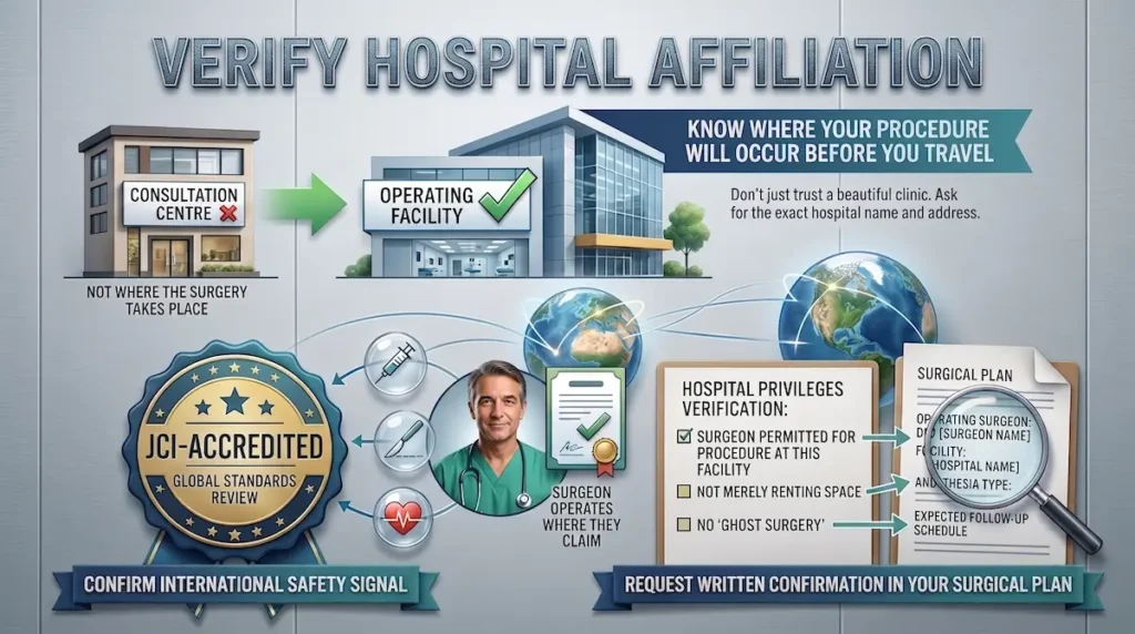Infographic explaining how Canadian patients can verify surgeon credentials Turkey by confirming hospital affiliation, operating facility details, and surgical privileges before travel.