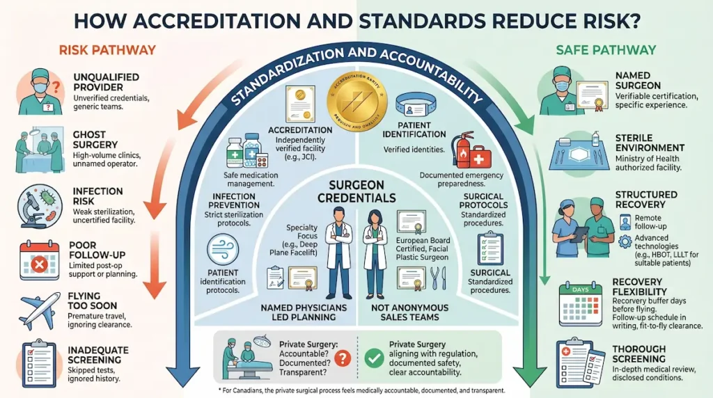 Infographic explaining how accreditation reduces risk for is it safe to get plastic surgery in Turkey through JCI standards, named surgeons, sterile care, and recovery planning.