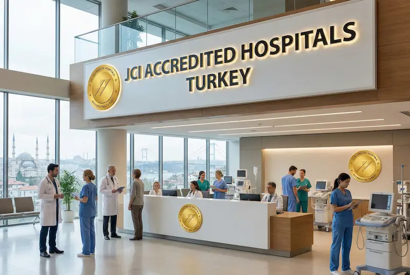 JCI accredited hospitals turkey reception area with medical staff and Istanbul skyline in background