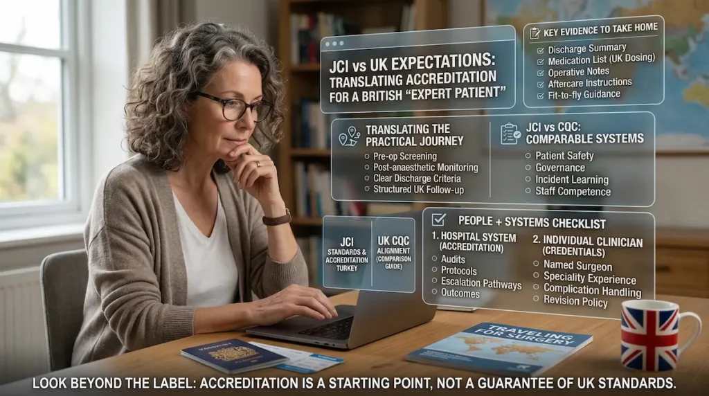 Hospital Accreditation Turkey explained for UK patients comparing JCI vs CQC expectations, documentation, and safety checklists on a laptop.