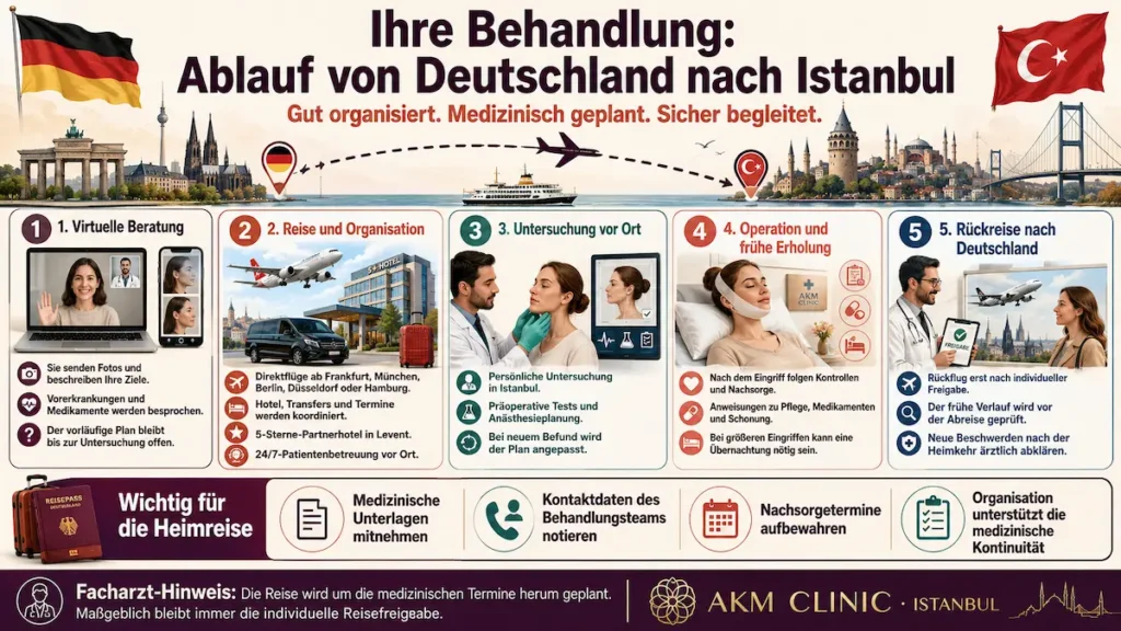 Kinnkorrektur Türkei: Infografik zu Beratung, Reise, Untersuchung, Operation und Rückflug von Deutschland nach Istanbul