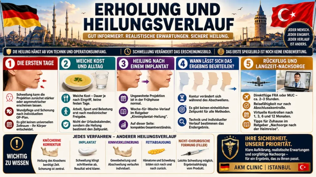 Kinnkorrektur Türkei: Infografik zu Schwellung, Ernährung, Heilungsverlauf, Ergebniskontrolle und Nachsorge nach der Operation
