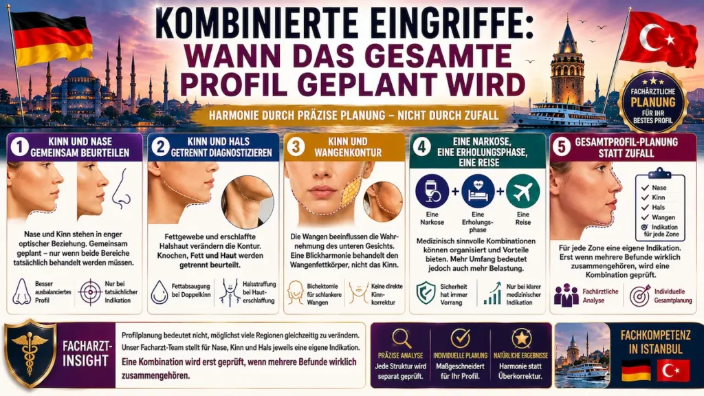 Kinnkorrektur Türkei: Infografik zur gemeinsamen Planung von Kinn, Nase, Hals und Wangen bei kombinierten Eingriffen