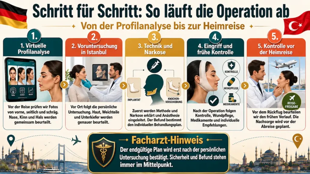 Kinnkorrektur Türkei: Infografik zum Ablauf von Profilanalyse, Voruntersuchung, Technik und Narkose bis zur Reisefreigabe