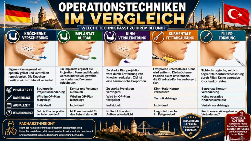 Kinnkorrektur Türkei: Vergleich von Knochenverschiebung, Kinnimplantat, Kinnverkleinerung, Fettabsaugung und Filler