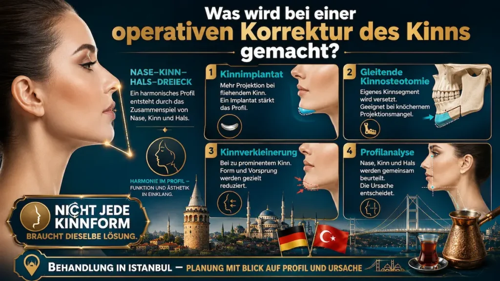 Kinnkorrektur Türkei: Infografik zu Kinnimplantat, gleitender Kinnosteotomie, Kinnverkleinerung und Profilanalyse