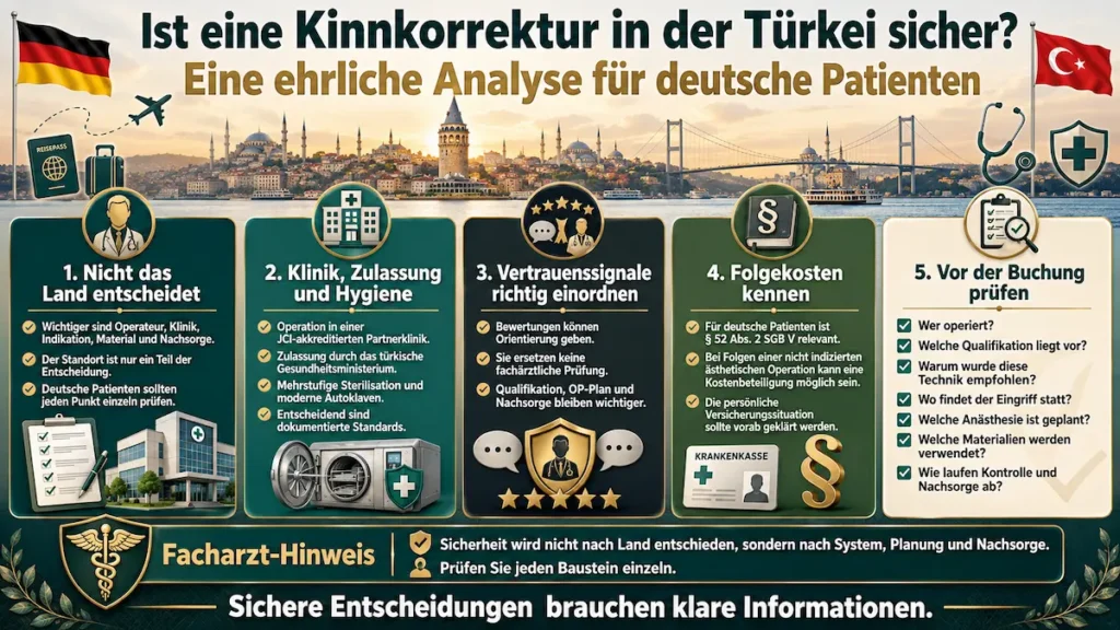 Kinnkorrektur Türkei: Infografik zu Klinikstandards, Qualifikation, Nachsorge, Folgekosten und Sicherheitsprüfung vor der OP