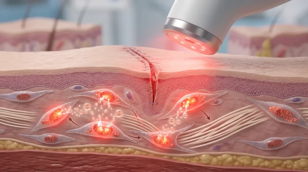 Narben minimieren LLLT Laser: Illustration zeigt rotes Licht, ATP-Aktivität und Zellreaktionen im heilenden Narbengewebe.